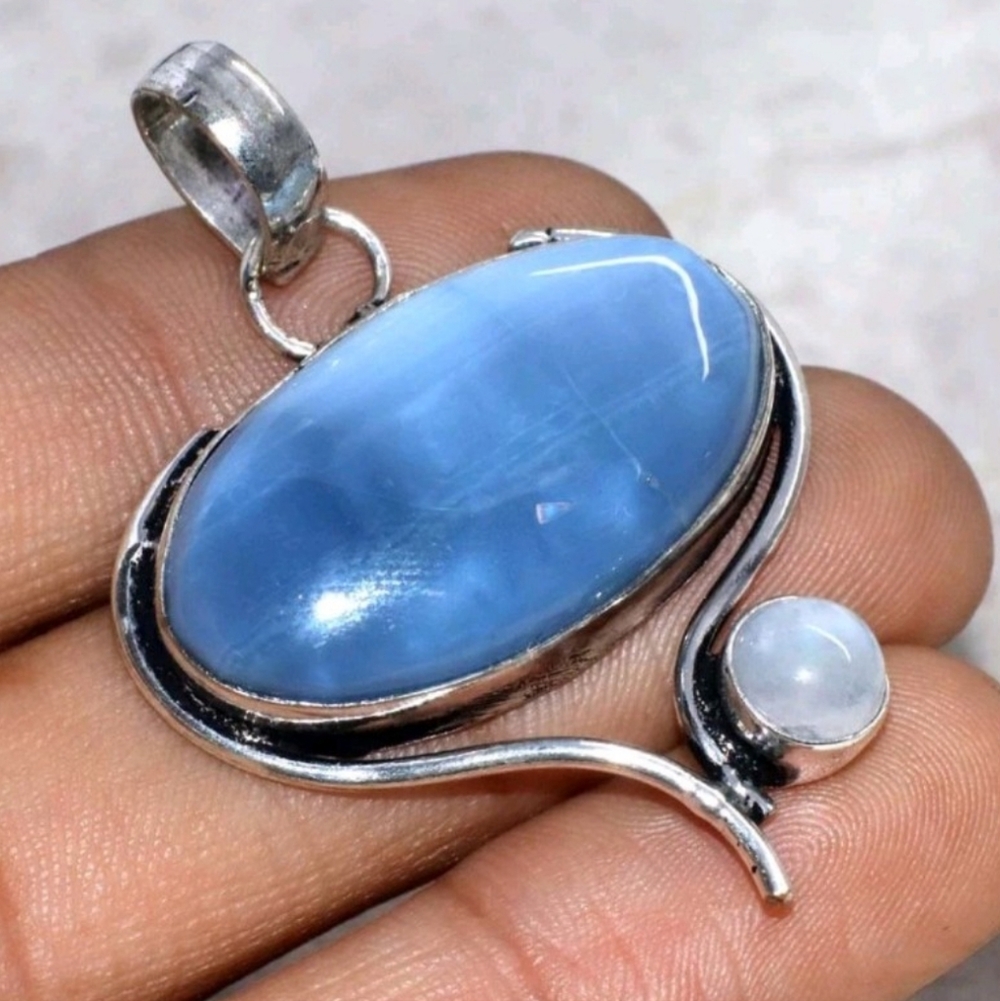 Owyhee Blue Opal, Rainbow Moonstone Gemstone Jewelry 925 Sterling Silver Pendant